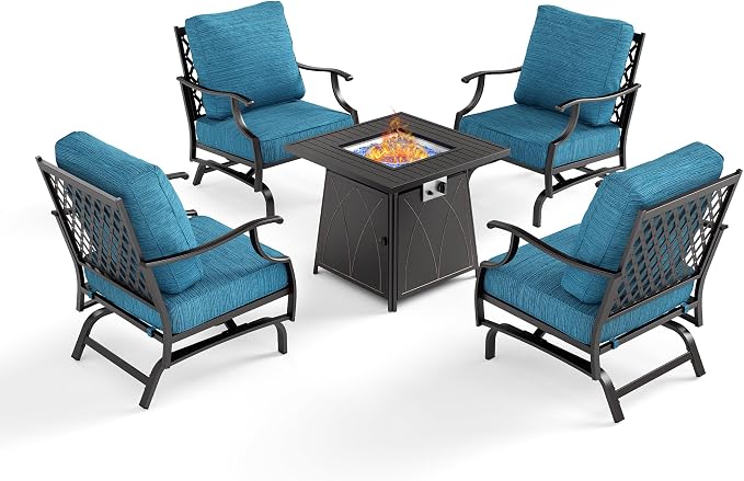 SUNSHINE VALLEY 5 Piece Metal Outdoor Patio Furniture Set with Fire Pit Table, Patio Conversation Sets 4 Rocking Chairs with 5.75" Thick Cushion and 5000 BTU Fire Pit Table, Backyard Furniture, Blue-2