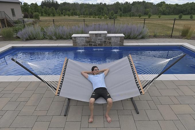 Vivere Quick-Drying Phifertex Fade Resistant Double Poolside Hammock with Spreader Bars (Haven)