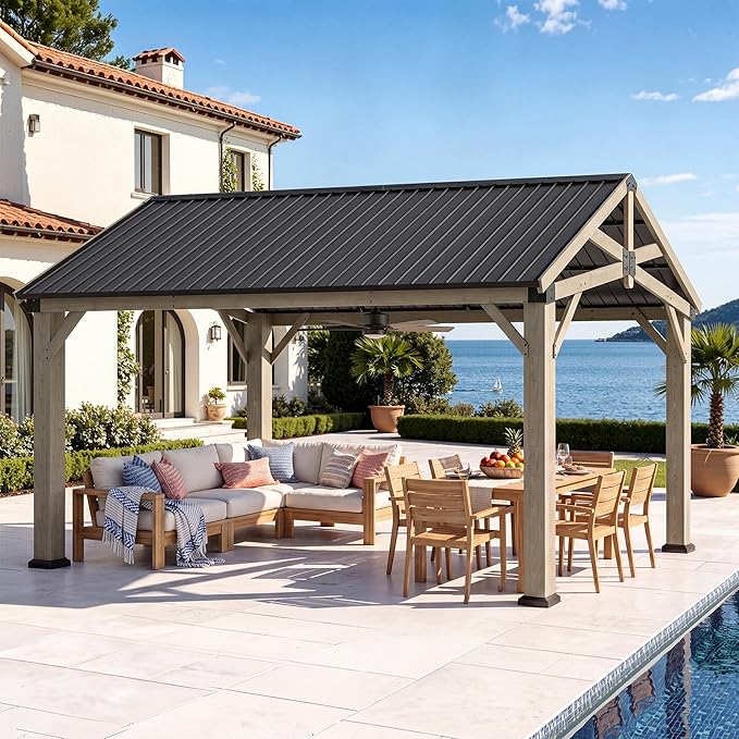 Aoxun 12' x 16' Outdoor Wood Gazebo, Permanent Cedar Wooden Pavilion with Galvanized Steel Hardtop Gable Roof, Heavy Duty Patio Gazebo for Garden, Backyard, Deck, Lawn and Outdoor Living Space