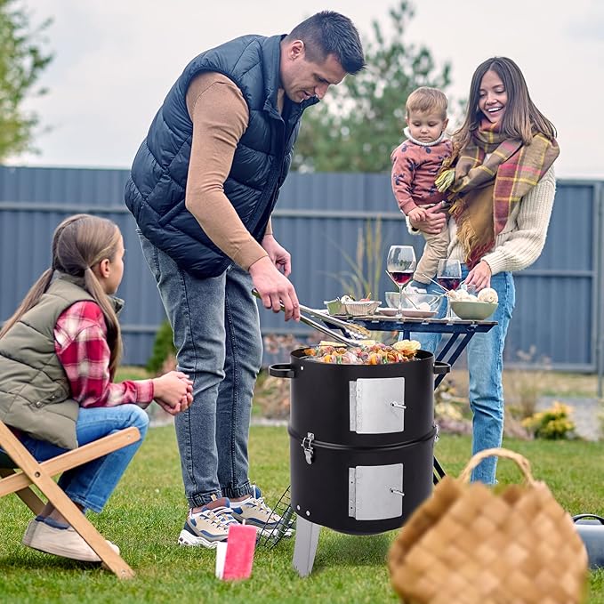 VINGLI 3-in-1 Vertical Charcoal Grill, 18.5'' Round Charcoal Smoker with Built-in Thermometer, Air Vent and 2 Access Doors, Perfect for Outdoor Cooking, Camping, Picnics, BBQs, and Tailgating Parties