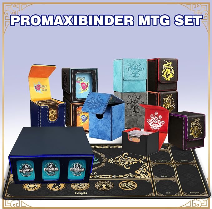 PROMAXIBINDER MTG Trading Card Storage Box with Playmat Fits 3000+ Cards, B-Row Commander Deck Case, 3 Display Windows, 6 Movable Partitions, 24 Dividers, for Magic/TCG/YuGiOh/Sport (Black&Blue)