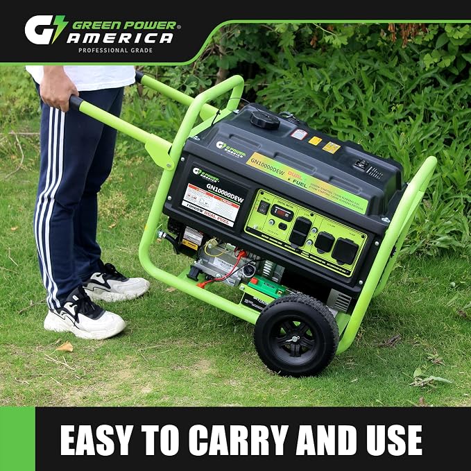 Green-Power America Portable Generator 10000 Watt Gas/Propane Dual Fuel Electric Start Home Backup & RV Ready 120V/240V Outlets Camping Commercial & Residential Emergency Home Backup - EPA Compliant