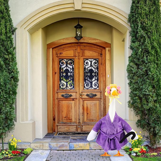 Shyyween Old Lady Porch Goose Outfits Purple Bathrobe Goose Clothes with Curlers Crutch, Cute Geese Costume for 23 Inch Cement Plastic Statue Lawn Yard Decor