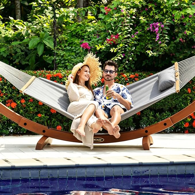 Lazy Daze Hammocks Sunbrella Fabric Hammock with 13FT Wood Arc Stand, 2 Person Outdoor Hammock Combo with Free Pillow, All Weather & Fade Resistant, for Indoor Patio Yard, 450 lbs Capacity, Cast Slate