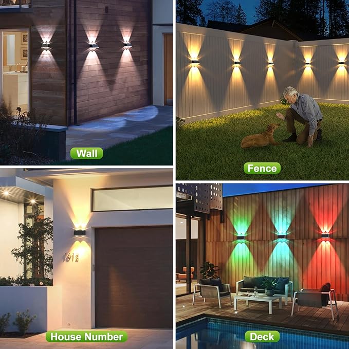 LANSOW Solar Fence Lights 8 Pack, Solar Powered Lights Outdoor Waterproof, 9-Mode Warm/Cool White & RGB Up-Down Led Spot Wall Lights Dusk to Dawn Decor for Backyard, Deck, Patio, Pool, Railing(White)