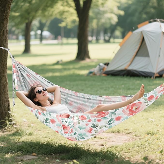 Camping Hammock Outdoor Hammocks for Outside Watercolor Floral Rose Beach Trees Portable Lightweight with Pockets Tree Straps Indoor Small