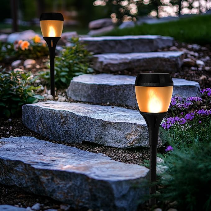 FoxFlame Solar Path Lights Outdoor Waterproof-Realistic Flickering LED Flame,IP65 Pathway Lights Solar Powered Warm Light for Garden and Walkways,Ground Stake Included for Easy Setup (6Pack)