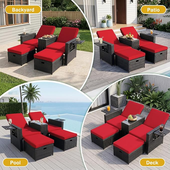 LVUYOYO 5 Piece Patio Furniture Set, Patio Wicker Conversation Set with Ottoman, Outdoor Chaise Lounge Chair with Side Table & Adjustable Backrest for Pool Backyard Garden (Black Wicker Red Cushion)