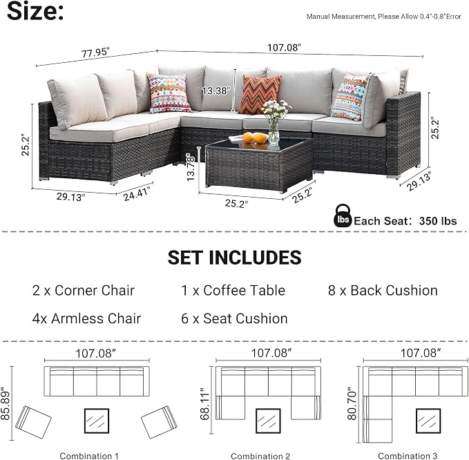 HOOOWOOO 7 Piece Patio Sectional Furniture Set,Modern Wicker Outdoor Conversation Sofa Sets,Weather Resistant Modular L Shaped Outside Couch Table Set(Beige)
