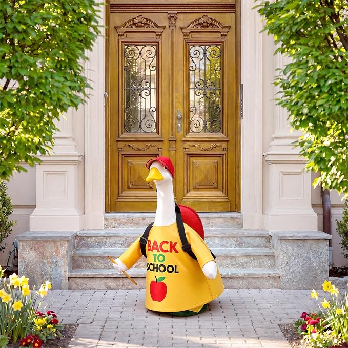 Back to School Porch Goose Outfit Bright Print Goose Costume with Red Cap & Backpack for 23" Gooses Statue First Day of School Decoration Patio Yard Garden Lawn Outdoor Decors