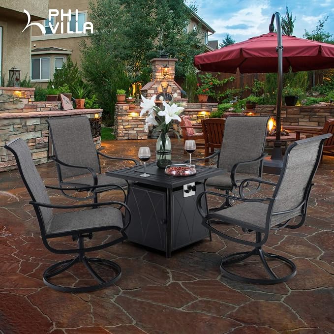 PHI VILLA 5 Piece Patio Set with Firepit Table, 4 Swivel Patio Dining Chairs Textilene Fabric with Metal Frame & 1 28 Inch 50000 BTU Auto-Ignition Propane Gas Fire Pit Table