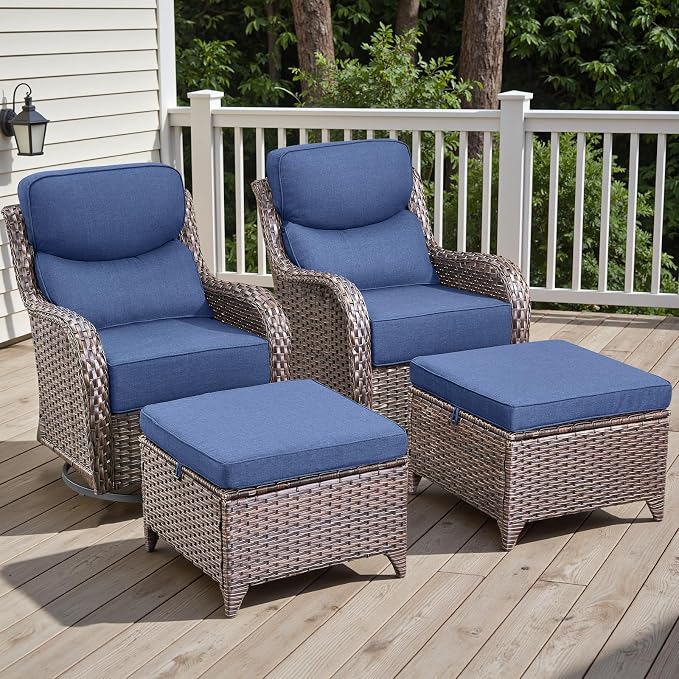 Rilyson Outdoor Patio Furniture Set - Weather Resistant Wicker,High Back,6 inch Cushions,4 Piece Patio Furniture Set with Swivel Rocker Chairs and Ottomans for Deck Porch Yard,Brown/Blue