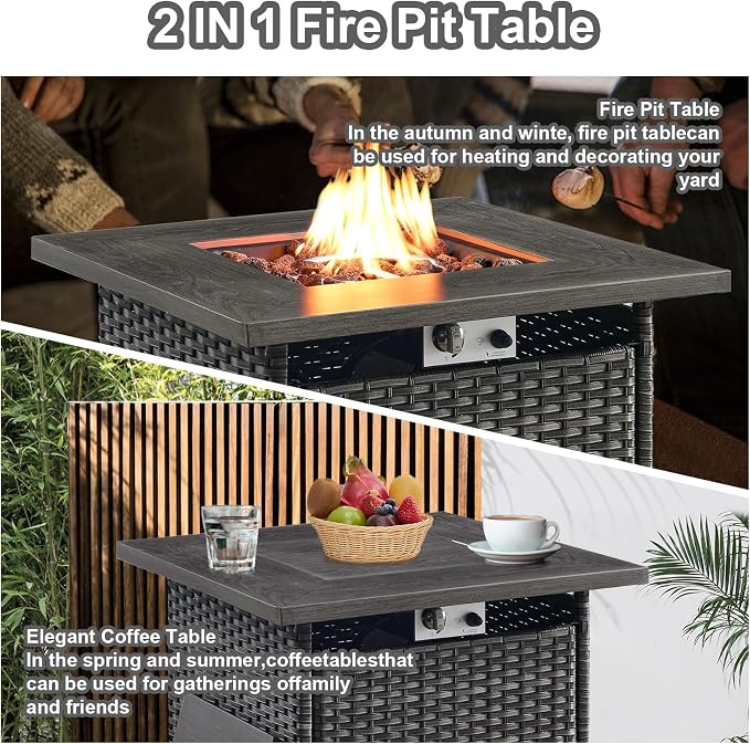 HUMMUH Patio Furniture with Fire Pit 4-Piece Wicker Outdoor Sectional Couch with Swivel Rocking Chairs, Propane Fire Pit Conversation Set for Garden, Backyard, Deck