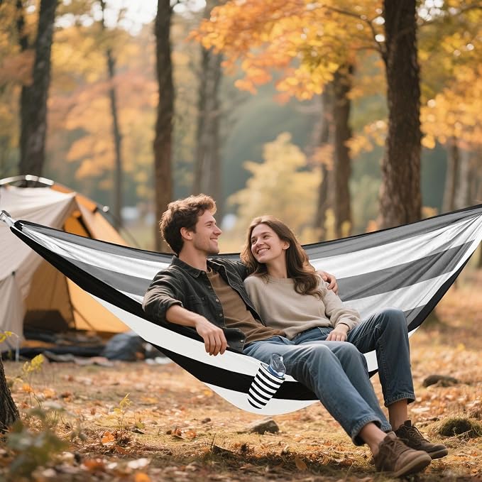 Black White Stripes Camping Hammock, Portable Lightweight Single Hammock with Tree Straps and Aluminum Carabiners, 114" x 54" Travel Hammock for Hiking Backpacking Beach