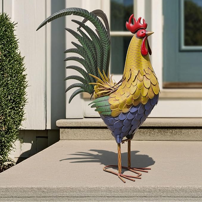 32 in Metal Rooster Statue, Farmhouse Yard & Garden Decor | Hand-painted Metal Finish, Oversized, Chicken Decor for Patio, Kitchen, Garden