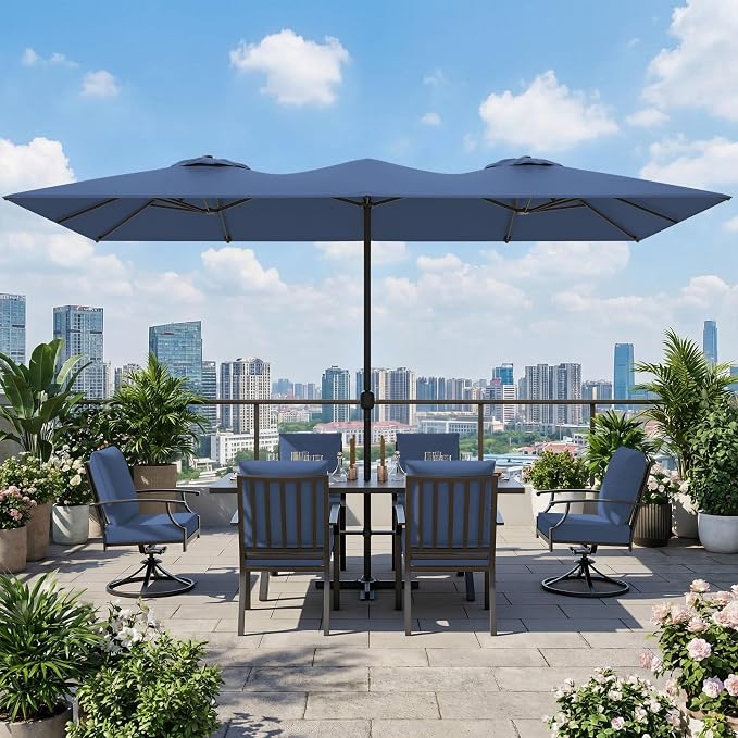 8 PCS Outdoor Patio Dining Set with 13.6ft Double-Sided Patio Umbrella,Patio Table and Chairs Metal Outdoor Patio Furniture Set,Dining Table Set with Swivel Chairs,Navy Blue