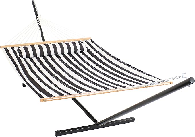 Sunnydaze Quilted Double Hammock with Stand for Outside - 350-Pound Capacity 2-Person Hammock with Stand - 12-Foot Stand - Black and White