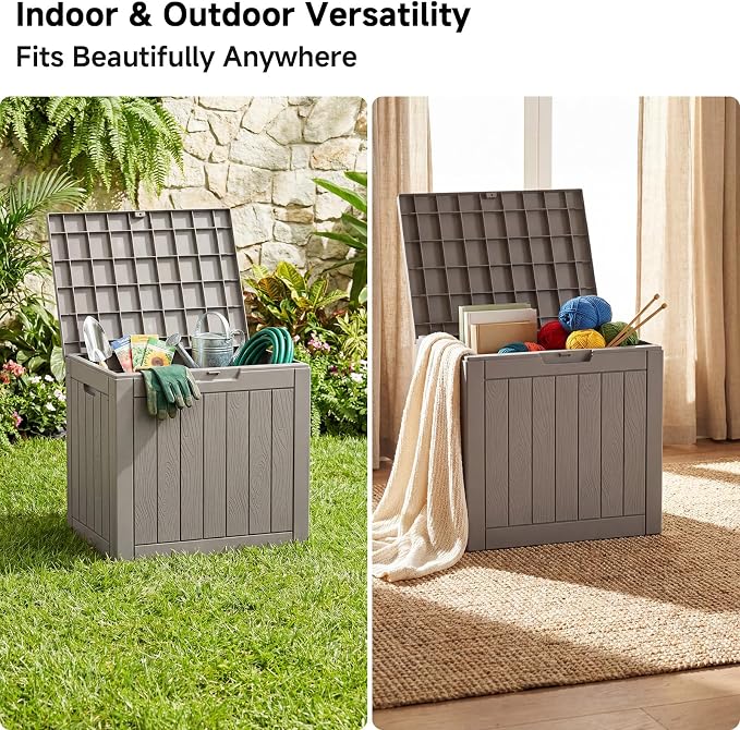 PatioZen 35 Gallon Outdoor Deck Box,Waterproof Resin Outdoor Storage Boxes, Outside Storage Lockable Container for Garden Tools,Indooor Cushions,Accessories (Grey)