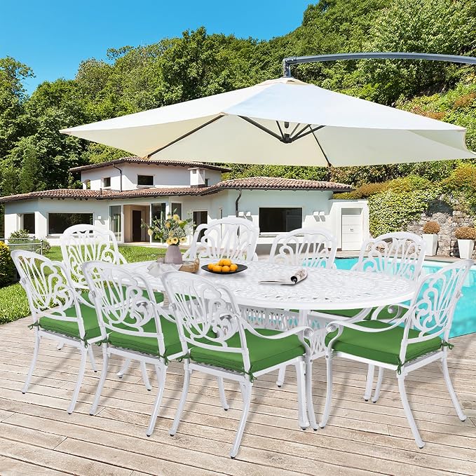 9-Piece Patio Dining Set, Outdoor Patio Table and Chair Set of 84” Oval Cast Aluminum Dining Table with Umbrella Hole and 8 Outdoor Dining Cushion Chairs, Patio Funiture Set, White