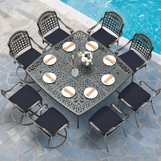 MEETWARM 9-Piece Outdoor Patio Dining Set for 8, All Weather Cast Aluminum Patio Funiture Table and Chairs Set- Large 64" Square Table and 4 Swivel Rocker Chairs, 4 Stationary for Garden, Navy Blue