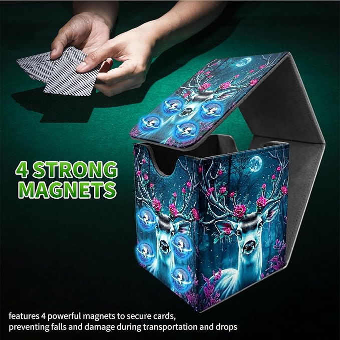 Deck Box for MTG, Cards Storage Box Fits 120+ Sleeved, Leather Medium Size Strong Magnetic Closing Card Case for Board Games Magic TCG CCG Baseball Collection, Forest Flowers Deer