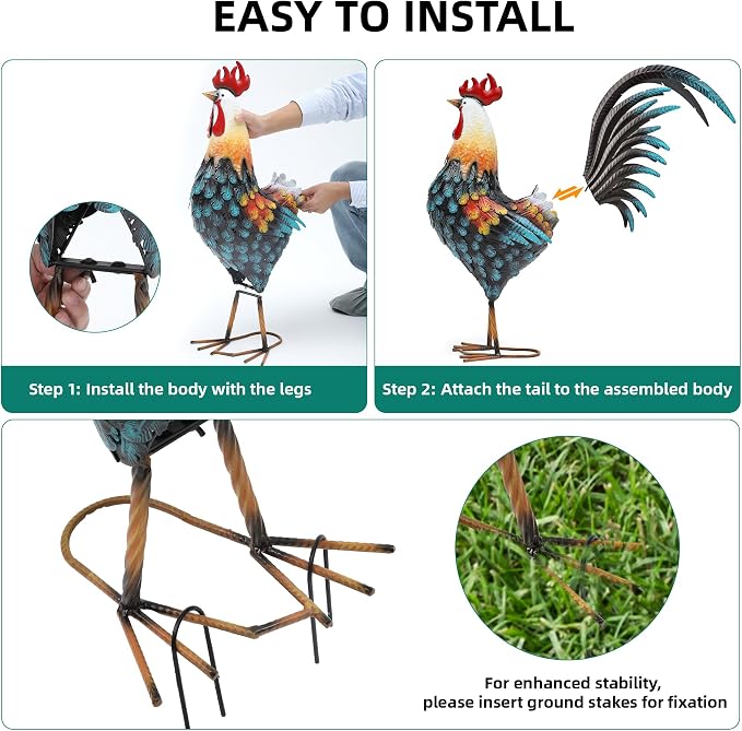 32" Majestic Metal Rooster Yard Decor, Large Outdoor Garden Statue | Outdoor Chicken Sculpture, 3D Hand-Painted, Rustic Farmhouse Style, Weather-Resistant Iron, Backyard Patio Lawn Garden