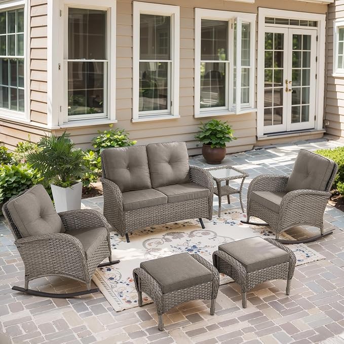 Belord 5 Piece Outdoor Conversation Patio Furniture Set - All-Weather Wicker Patio Rocking Chairs with Loveseat Glider Chair and Coffee Table for Patio Deck Porch Backyard Gray Wicker Gray Cushion
