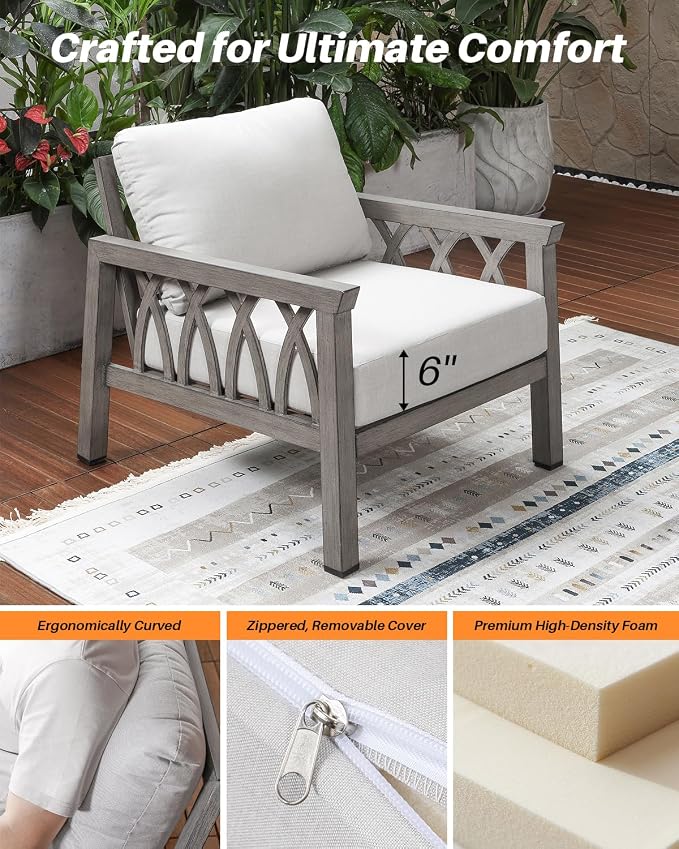 Outdoor Aluminum Armchairs Set of 2, Patio Sofa Chairs with Cushions, Deep Seating Outdoor Patio Club Chairs, Weather-Resistant Patio Furniture Set for Garden, Balcony, Limed Oak