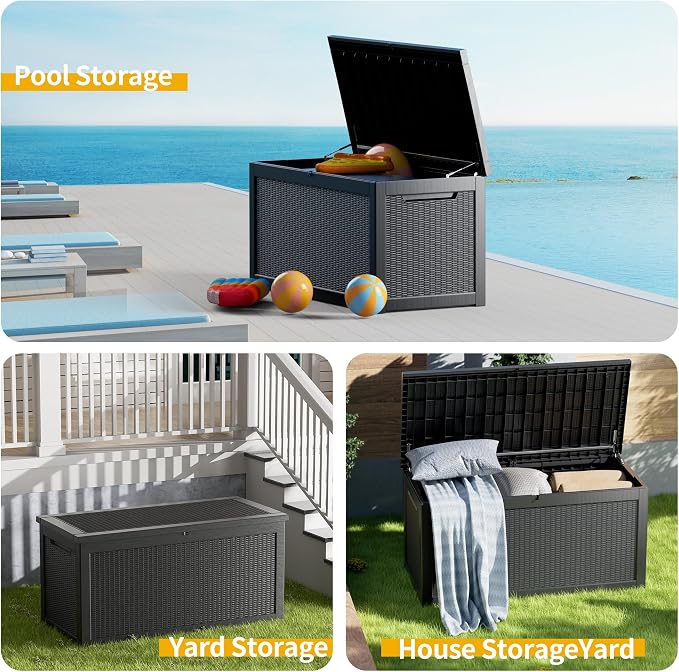 Outdoor Storage Box, 320 Gallon Lockable Resin Deck Box Large Waterproof, Patio Storage Bin for Furniture Cushion, Garden Tools and Pool Accessories, UV-Resistant Bench for Outside, Black