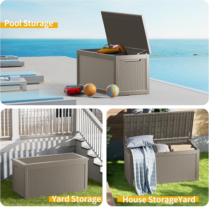 320 Gallon Outdoor Storage Box Waterproof, Lockable Resin Deck Box Large Storage Bin for Patio Furniture Cushion, Garden Tools, Pool Accessories, UV-Resistant Outside, Gray