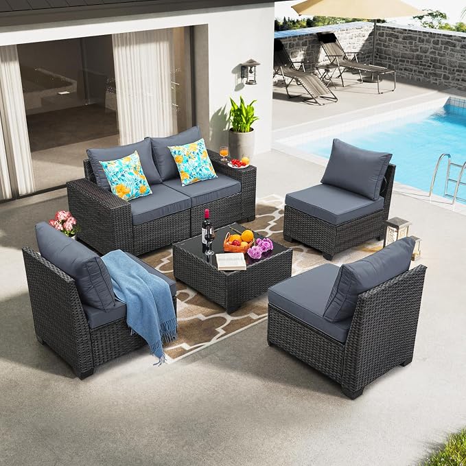 JOYURE 6 Pieces Patio Furniture Set All-Weather Outdoor Wicker Sectional Conversation Sofa Rattan Patio Seating Sofa with Cushion and Glass Table for Porch Poolside,Grey