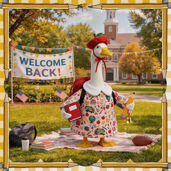 Back to School Porch Goose Outfits Fits 23" Cement Plastic Statue Goose Clothes for Back to School Day Outdoor Garden Yard Patio Statue Art Decor