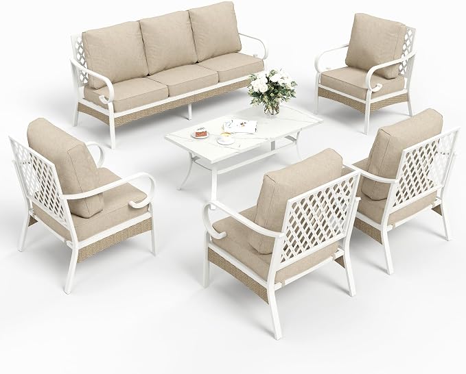 SUNSHINE VALLEY 6 Piece Metal Outdoor Patio Furniture Set, Patio Conversation Sets 1 3-seater Sofa, 4 Single Sofa with 5.75" Extra Thick Cushion and Coffee Table, White Frame Backyard Furniture, Beige