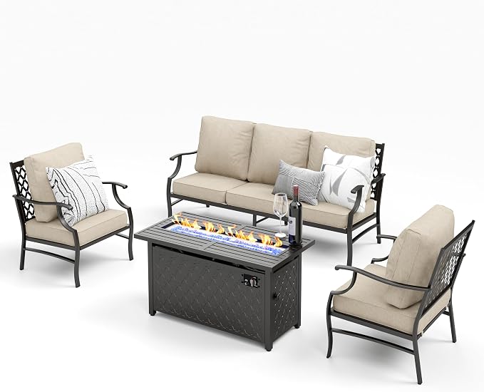MIXPATIO Patio Furniture Set with Firepit Table, 4 Pcs Metal Outdoor Conversation Set, 2 Single Chairs and 3 Seater Sofa with 5.75" Extra Thick Cushion and Gas Fire Pit Table for Backyard Deck, Beige