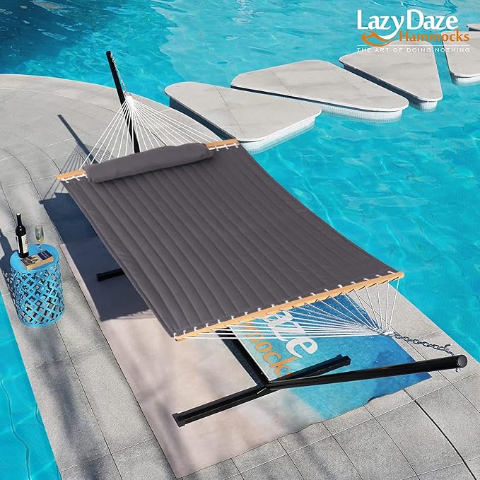 Lazy Daze Quilted Fabric Hammock with 12-Foot Stand, Double 2-Person Hammock with Pillow for Outdoor Outside Patio, Garden, Backyard, 450LB Capacity, Gray