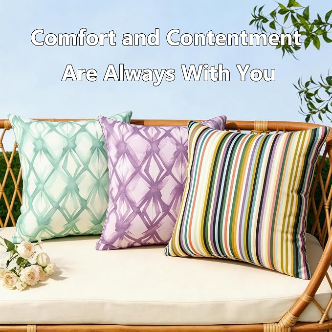 Outdoor Throw Pillows Set of 4,18×18,Waterproof for Coastal Patio | UV protected porch pillows fit balcony,outdoor dining area,lounge nook &indoor sofa for casual styling,Glade Rainbow Stripe.