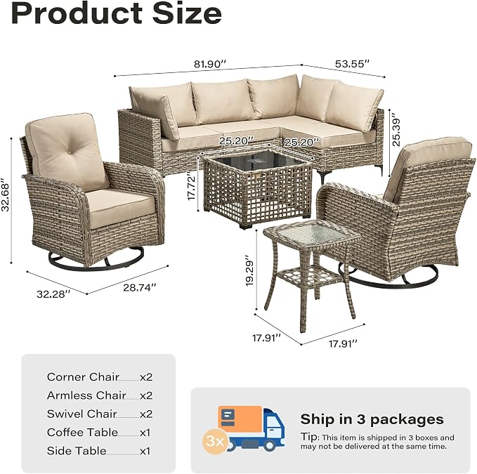 8 Pieces Outdoor Sectional Patio Furniture Set with Swivel Rocking Chairs,Conversation Sets Rattan Wicker L Shaped Couch,Modular Outdoor Sofa for Porch Balcony Backyard Beige