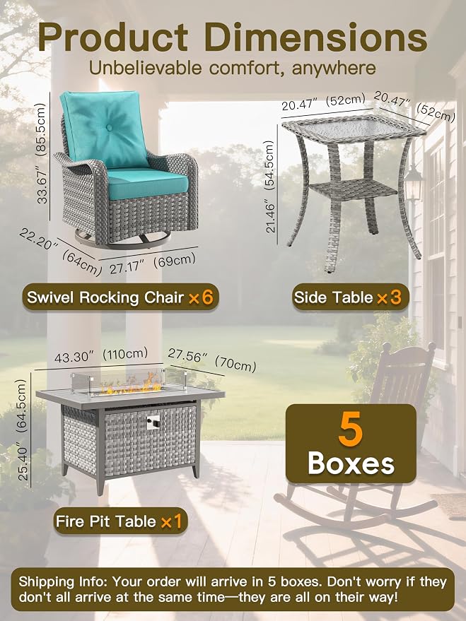 10-Piece Outdoor Conversation Set with 43" Fire Pit Table, 6 Swivel Rocking Chairs (4" Cushions) & 3 Side Tables, All-Weather PE Rattan & Steel Frame for Porch, Deck, Backyard, Turquoise
