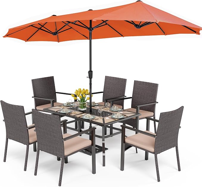 PHI VILLA 7pc Patio Dining Set with Umbrella, Wood-top Table, Rattan Chairs | 61" Wood-top dining table, 6 cushioned rattan wicker chairs, 13ft red umbrella. Perfect for patio, deck, yard, or porch.