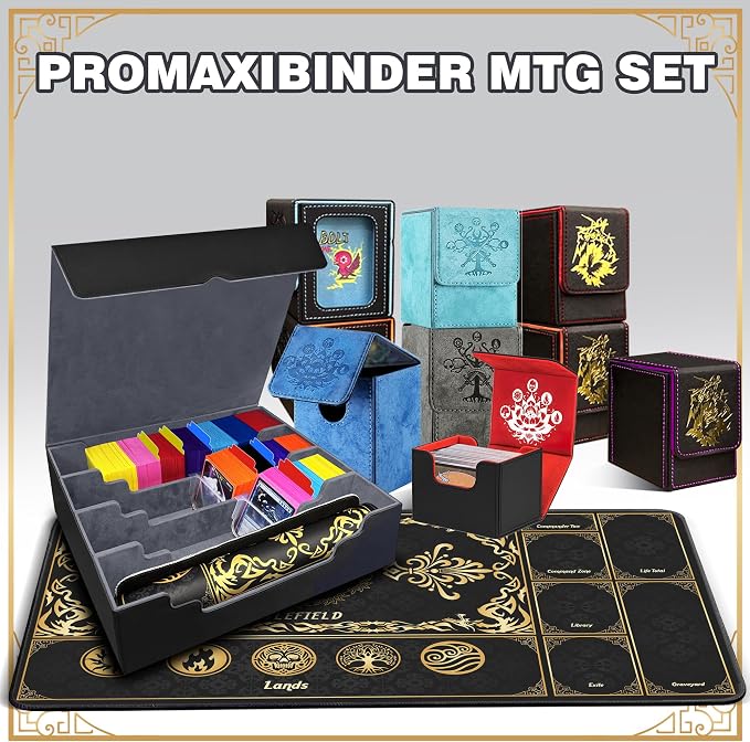 PROMAXIBINDER Trading Card Storage Box Fits 4000+ Cards, 4-Row MTG Commander Deck Case with Playmat, 6 Movable Partitions 24 Dividers PU Leather Magnetic Closure, Magic/TCG/YuGiOh/Sport (Black&Grey)