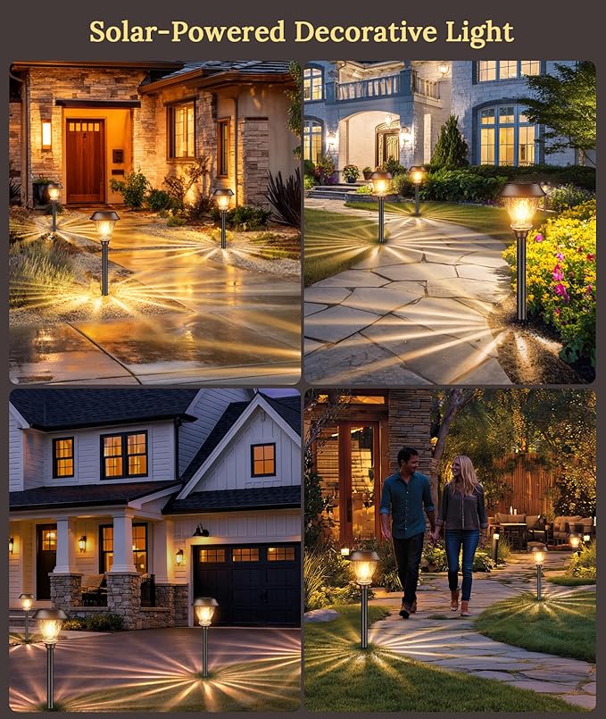 XMCOSY+ Solar Pathway Lights Outdoor, 6 Pack Auto On/Off Garden Lights with Crackled Glass, Integrated Vintage LED Weather-Resistant Stainless Steel Landscape Lighting for Yard Walkway (Warm White)