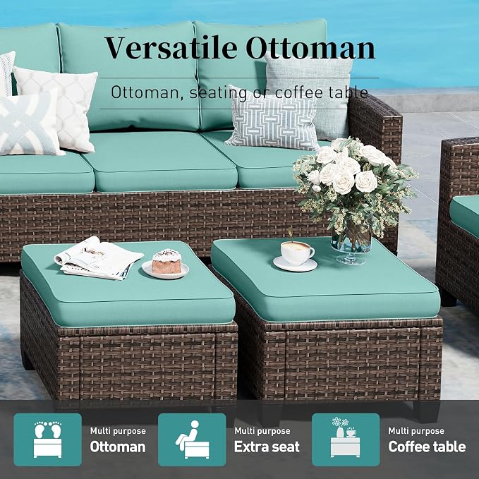 SUNSHINE VALLEY Swivel Glider Patio Furniture Set Outdoor Furniture Brown Wicker Rattan Patio Conversation Sets with Cushion Outside Sofa Set,5 Pieces with Rectangular Firepit Table,7 Seats,Blue