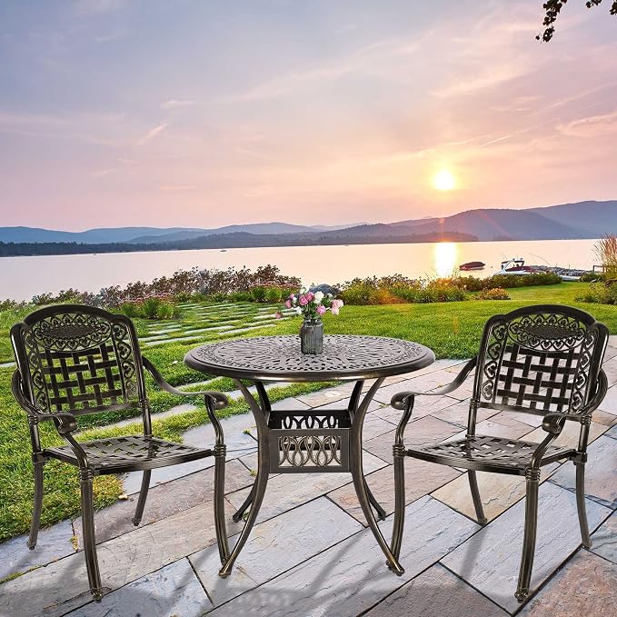 3-Piece Outdoor Patio Dining Set, All-Weather Cast Aluminum Patio Furniture Set for Backyard Garden Deck with 2 Chairs and 35.4” Round Table, 2" Umbrella Hole
