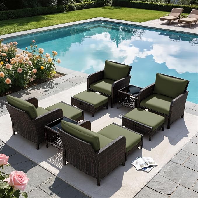 LEVELEVE Patio Conversation Set 5 Piece, Balcony Furniture Outdoor PE Rattan Wicker Lounge Chairs with Soft Cushions, 2 Ottomans & Glass Table for Porch Lawn, Brown (Army Green Cushions