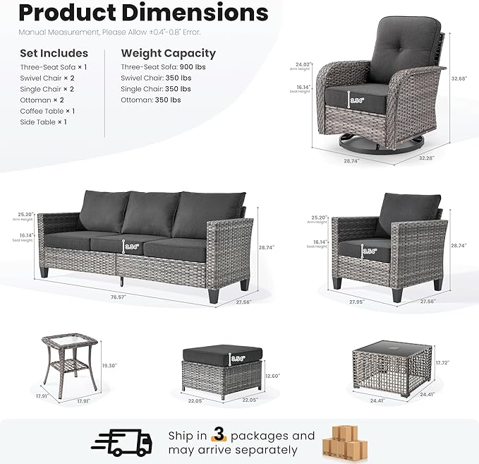 ovios 9 Pieces Patio Furniture Set, Outdoor Wicker Sofa Couch with Swivel Glider Chairs Solar Lights Table, Modern Deep Seat Rattan Conversation Sets for Deck Porch, Black