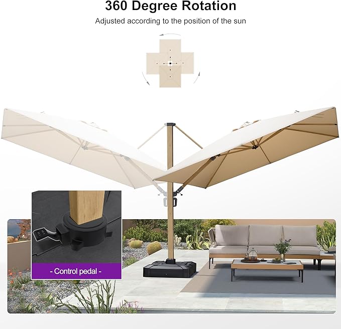 PURPLE LEAF 10FT Patio Umbrella Square Cantilever Umbrella Teak Finished Aluminum Frame Large Windproof Offset Outdoor Sun Umbrellas for Beach Pool Deck, Beige