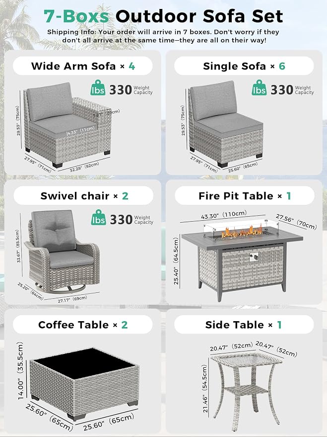 16 Piece Outdoor Wicker Sectional Sofa Set with Swivel Chairs & Fire Pit Table, 12-Seats with 4" Thickened Cushions & Coffee Table, All-Weather PE Rattan for Garden, Backyard, Porch, Gray