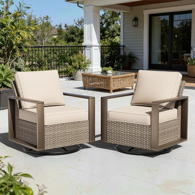 Outdoor Swivel Rocker Patio Metal Chairs Set of 2 - Porch Furniture 2 Pieces 360 Degree Glider Rockers Rattan Chairs with Washable Cushion & Metal Steel Rectangular Framed Armrest, Beige