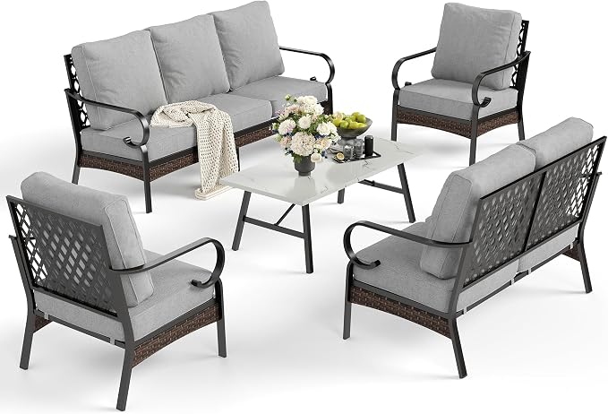 SUNSHINE VALLEY 5 Piece Metal Outdoor Patio Furniture Set, Patio Conversation Sets 1 3-Seater Sofa, 2-Seater Sofa, 2 Fixed Sofa with 5.75" Cushion & Coffee Table Black Backyard Furniture, Light Gray