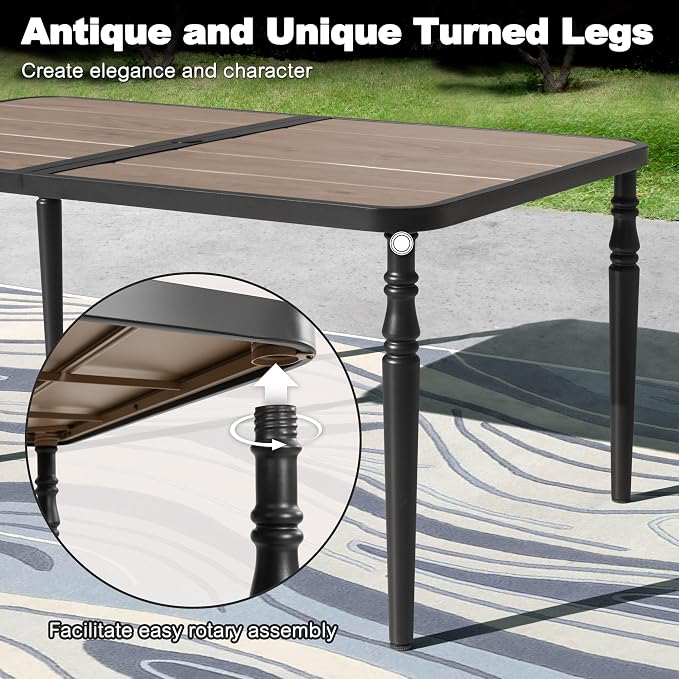 NUU GARDEN 7-Piece Outdoor Dining Chair and Table Set, 6 Stackable Metal Dining Chairs, 61" x 37" Rectangle Metal Dining Table with 1.6" Umbrella Hole, for Backyard, Deck, Yard, Garden, Black